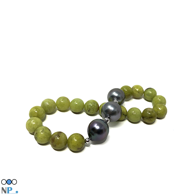 Bracelet Opale Verte de Madagascar avec 3 perles de Tahiti 10-11 mm et 4 billes Or gris 18k